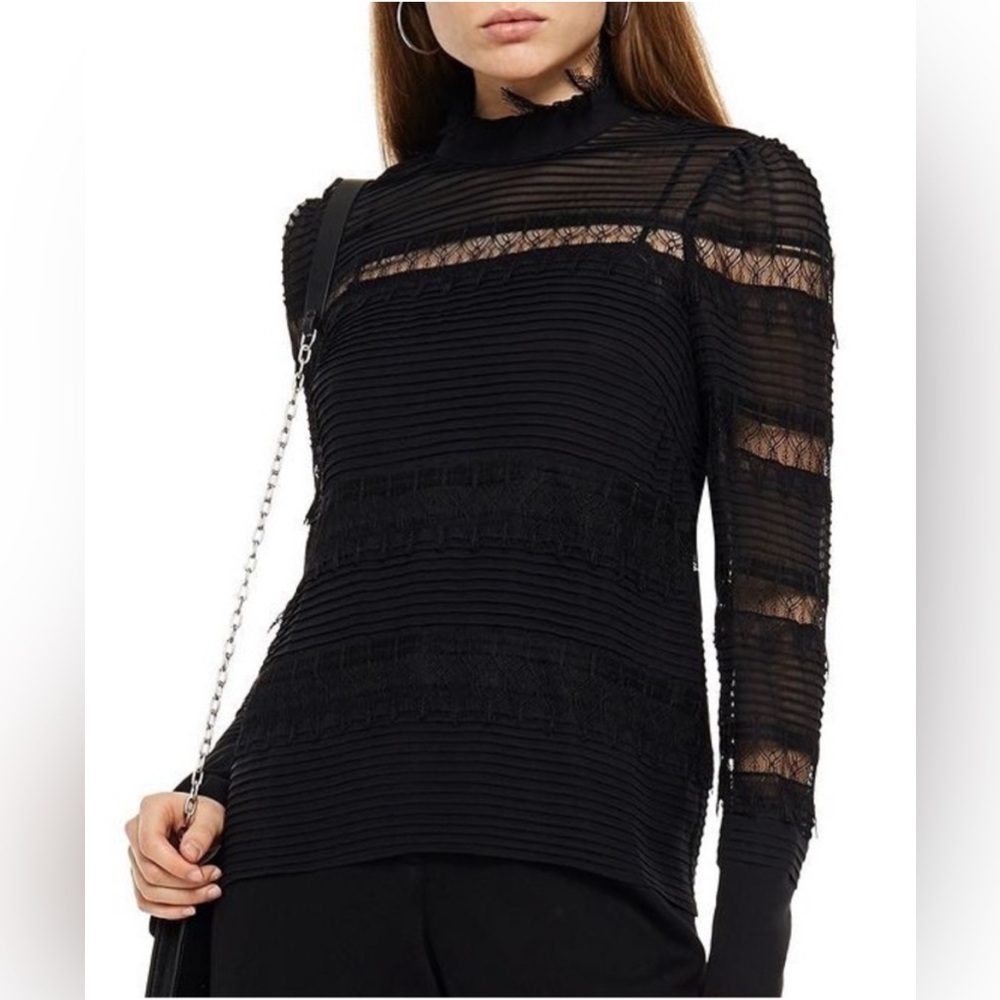 Frame Black Nora Lace-trimmed Pintucked Silk-georgette Blouse w/ camisole EUC